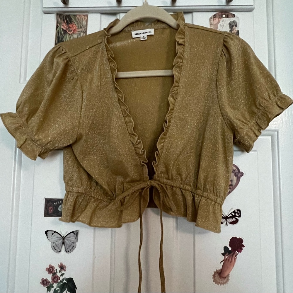 Sparkly Gold/Yellow Puff Sleeve Ruffle Tie Cropped Cardigan